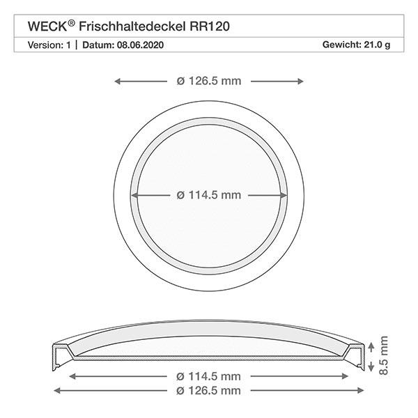 WECK/REX Coperchio salvafreschezza RR120 Disegno tecnico del coperchio WECK RR120 keep-fresh con dimensioni di 126,5 mm di diametro esterno e 114,5 mm di diametro interno.