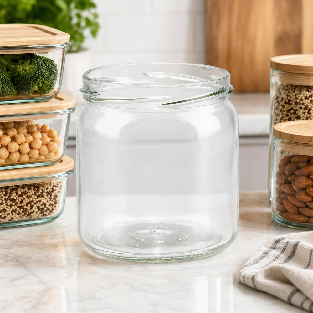 UNiTWIST Runda408 leeres Rundglas 408ml TO82 auf Küchenarbeitsplatte mit Vorratsgläsern und Nüssen als Küchenzubehör