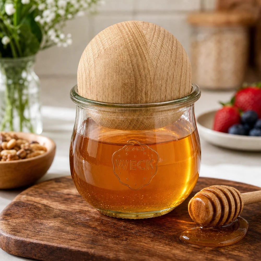 Vaso per tulipani da 370 ml WECK RR80 con sfera in legno di faggio Vaso a tulipano WECK RR80 370ml con sfera di faggio come vasetto per il miele con cucchiaio per il miele su tavola di legno in cucina naturale