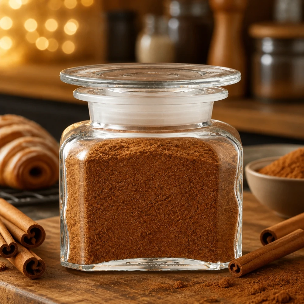 Idea barattolo per spezie: bottiglia da farmacia quadrata da 100 ml a collo largo Barattolo per spezie impilabile da 100 ml, di forma quadrata, con cannella in polvere, su un tavolo rustico in legno dall’atmosfera natalizia