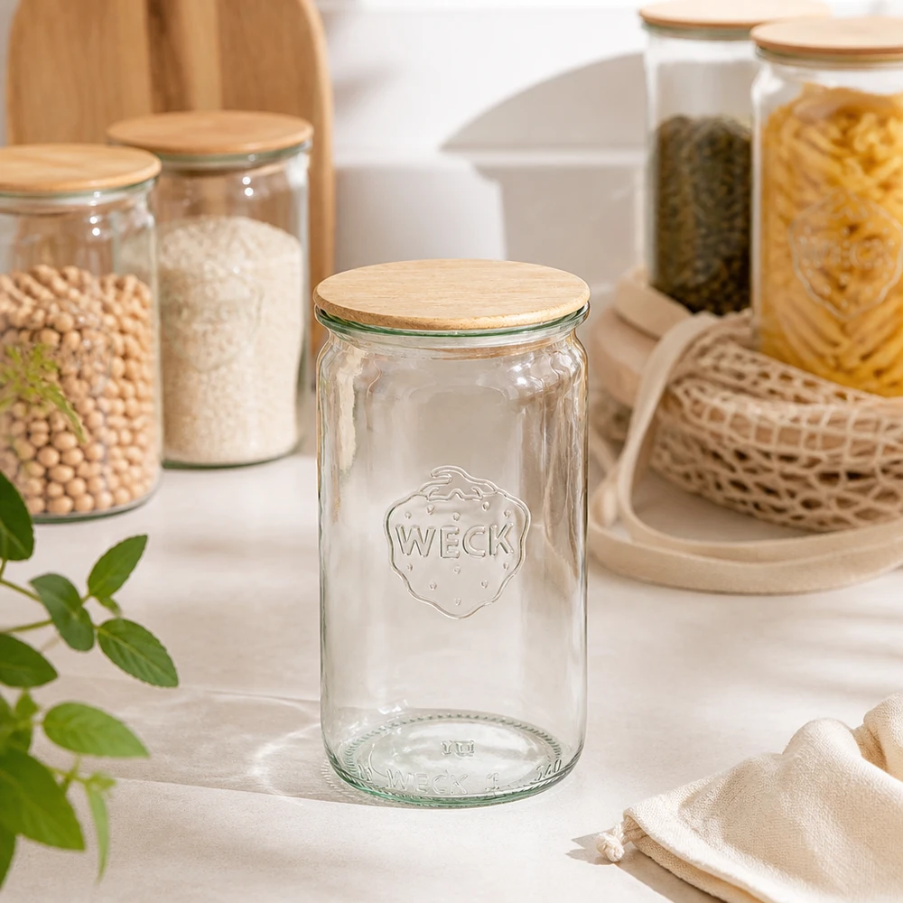 340ml Zylinderglas WECK RR60 mit Holzdeckel WECK Zylinderglas 340ml RR60 leer transparent mit Holzdeckel in moderner Küchenausstattung mit Vorratsgläsern