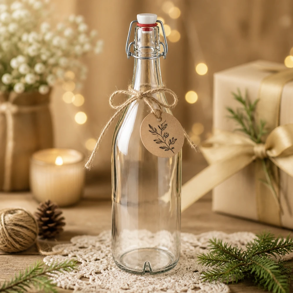 Bottiglia di vetro da 1000 ml in PVC con tappo oscillante decorata per Natale con etichetta regalo Decorazione invernale in stile rustico