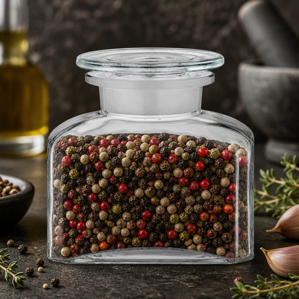 Idea barattolo per spezie: bottiglia da farmacia quadrata da 150 ml a bocca larga Flacone da farmacia trasparente a sezione quadrata da 150 ml con grani di pepe accanto all'aglio e al timo