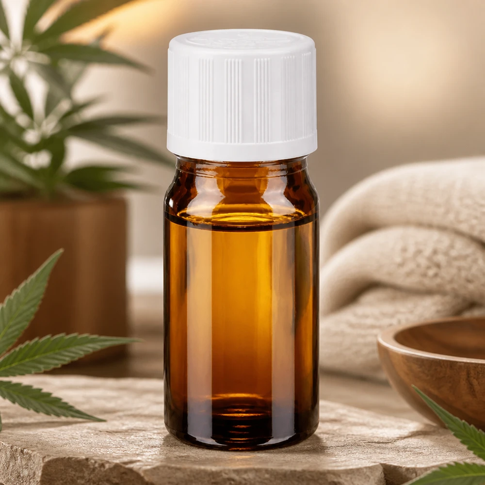 Flacon compte-gouttes de 5 ml couleur ambre, muni d'un bouchon KiSi blanc, posé parmi des feuilles de cannabis sur une pierre naturelle