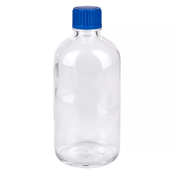 Flacon en verre de 100 ml avec bouchon à vis bleu ClearLine UT18, en verre transparent