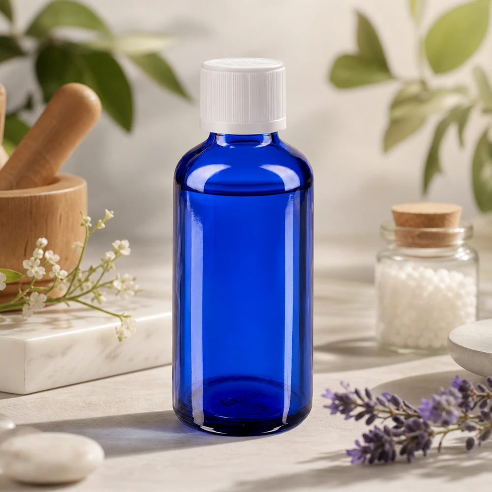 Flacon en verre bleu de 50 ml avec un bouchon à vis blanc, à côté d'un mortier de lavande et de granules homéopathiques