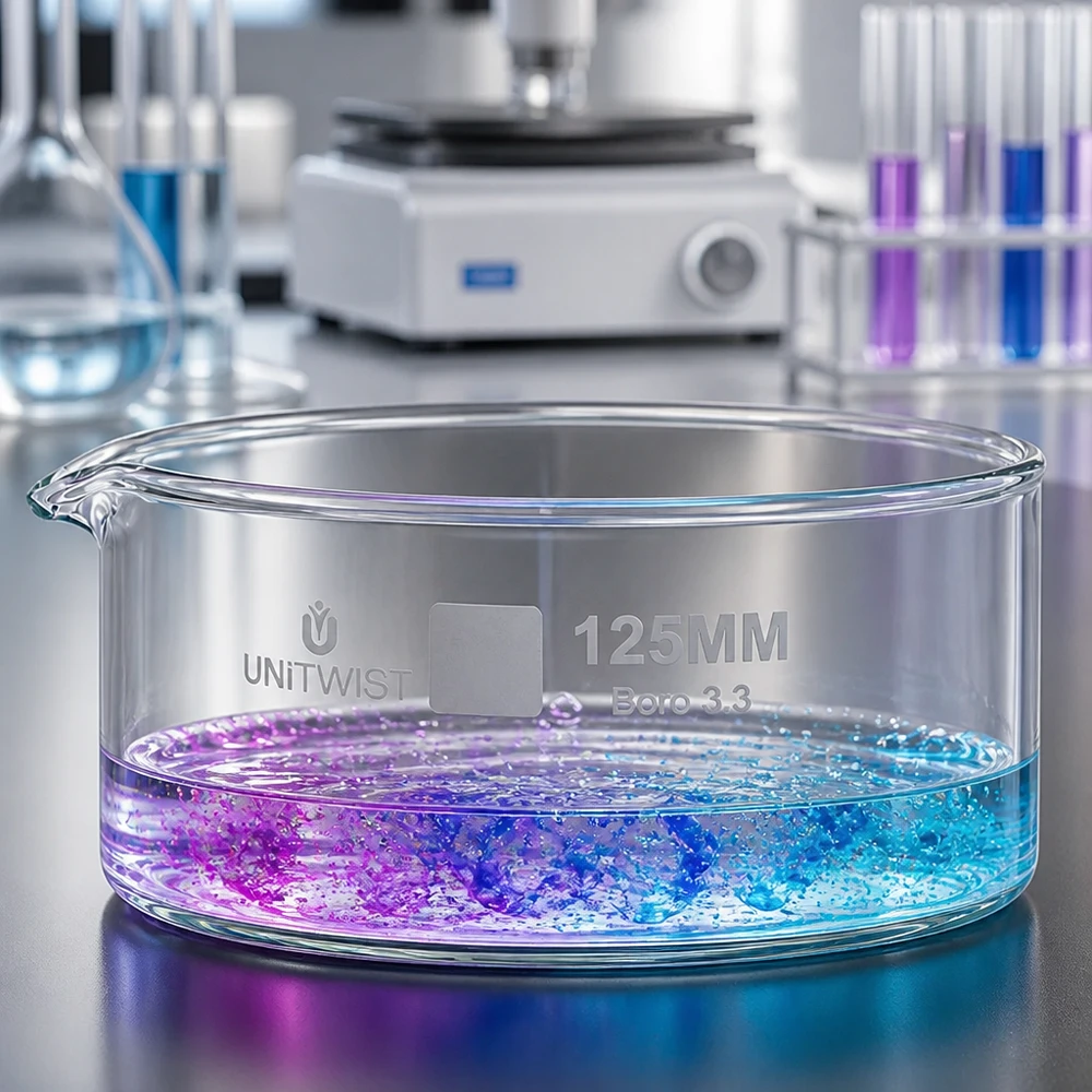Cristallisoir ø125mm verre borosilicaté UNiTWIST Coupelle de cristallisation de 125 mm UNiTWIST Boro 3.3 contenant une solution réactionnelle bleu-violet sur une paillasse de laboratoire