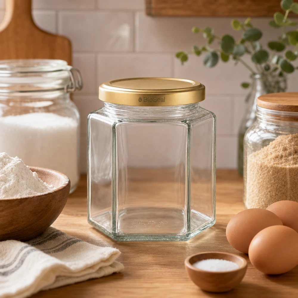390ml Hexaglas mit BioSeal Deckel gold UNiTWIST UNiTWIST Hexa390 leeres Vorratsglas mit goldenem BioSeal Deckel in Küche mit Backzutaten Mehl Eiern und Gewürzen