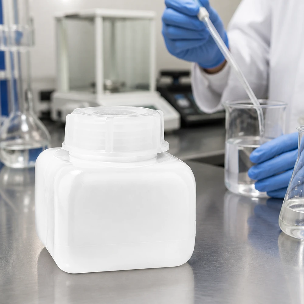 Flacon à col large de 250 ml en PE-HD résistant aux produits chimiques, à côté d'une balance d'analyse et d'ustensiles en verre dans un laboratoire