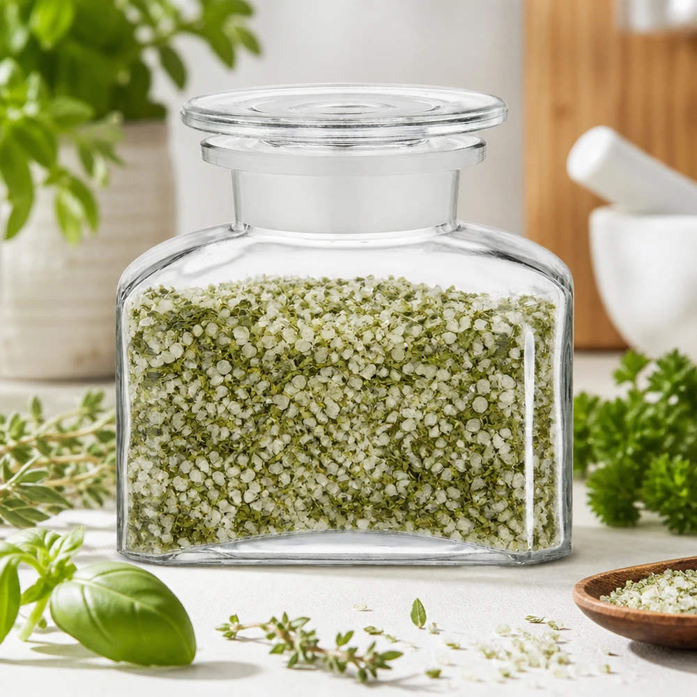Idea barattolo per spezie: bottiglia da farmacia quadrata da 150 ml a bocca larga Flacone trasparente per spezie con ampia apertura, riempito con sale verde ed erbe aromatiche fresche