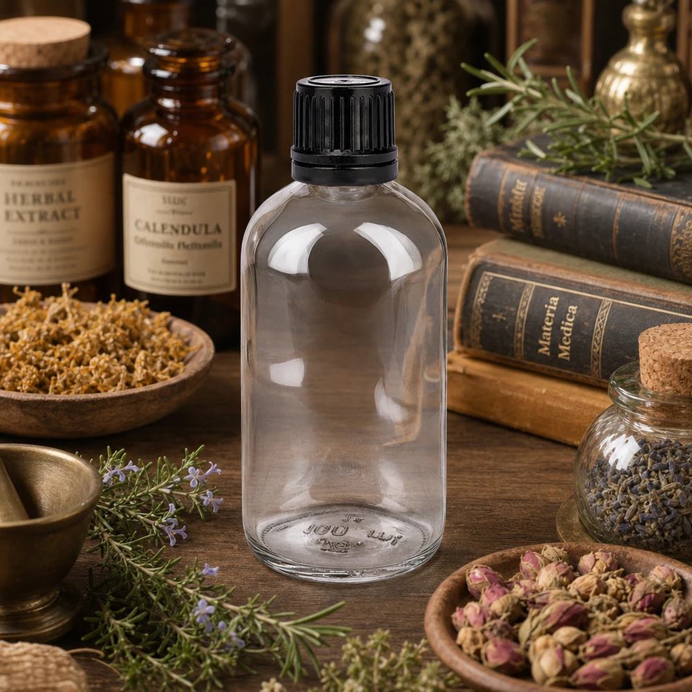 Flacone in vetro trasparente da 100 ml UT18 con tappo nero a prova di bambino, tra erbe medicinali e materia medica