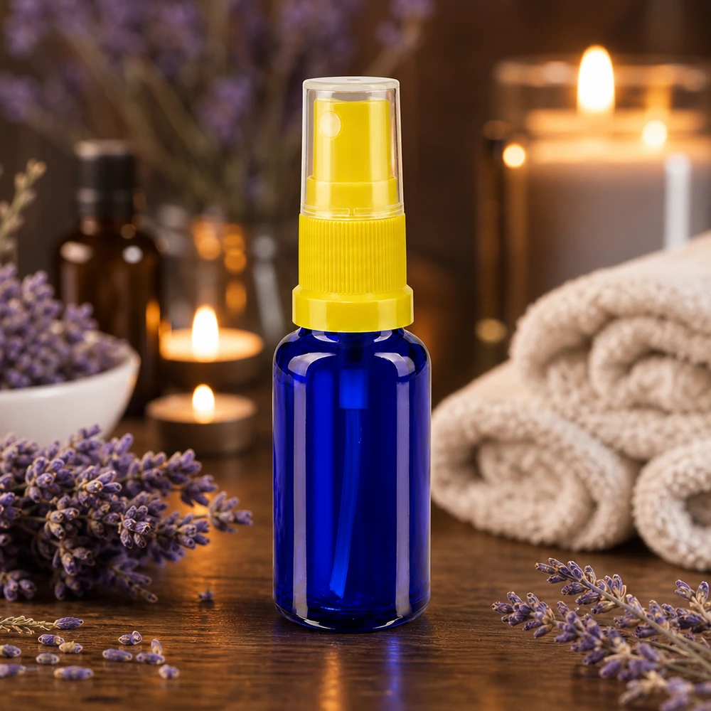 Apothekenflasche blau 20ml Sprayaufsatz gelb Lichtschützende Glassprayflasche 20ml Blau mit gelbem Sprühaufsatz und transparenter Kappe