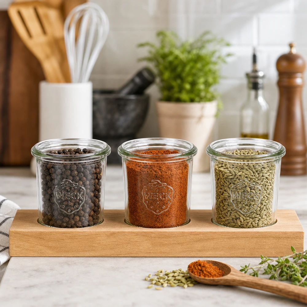 Tagliere Plano3 con 3 vasetti Weck da 140 ml Spezie in tumbler WECK 140ml su tagliere Plano3 Grani di pepe Paprika Semi di finocchio Organizzazione di cucina