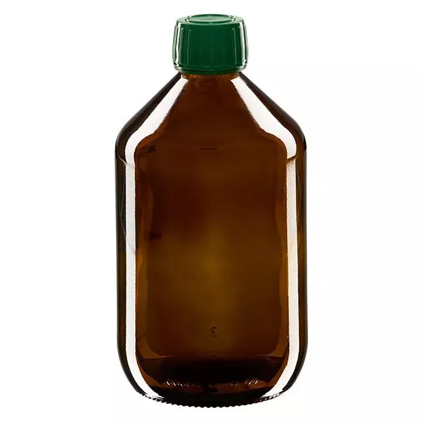 500ml Medizinflasche braun, Verschluss grün mit Originalitätsring ApoGlas