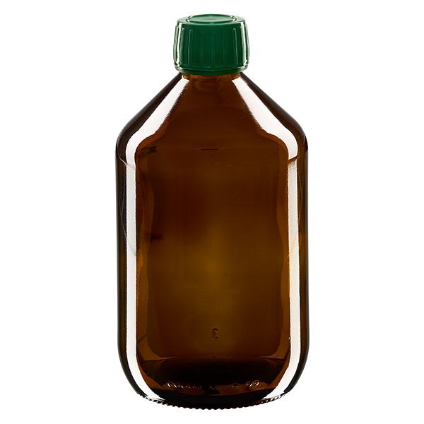 Flacone per medicinali da 500 ml marrone, tappo verde antimanomissione Flacone per medicinali da 500 ml marrone, tappo verde antimanomissione