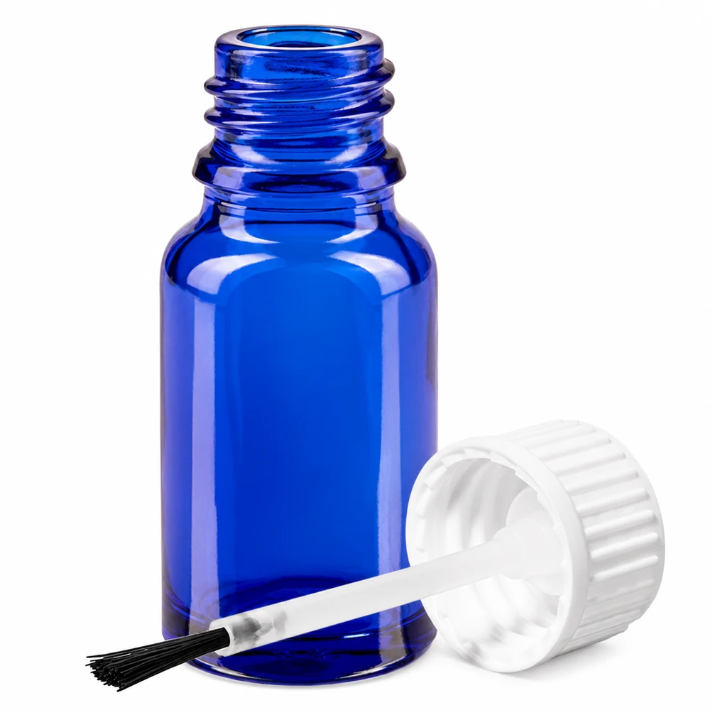 10ml Pinselflasche weiß Standardverschluss BlueLine UT18/10 10ml Pinselglasflasche blau mit weißem Verschluss STD BlueLine UT18/10 Gewindemaß