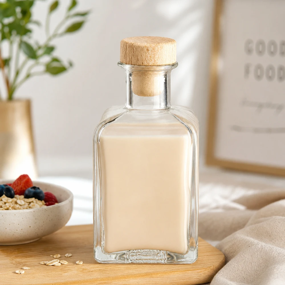Flacone farmaceutico da 200 ml Clara con tappo in sughero con impugnatura in legno UNiTWIST® Bottiglia di vetro Clara da 200 ml riempita di latte d'avena Tappo di legno Ciotola per cereali Frutti di bosco Avena sana alimentazione colazione