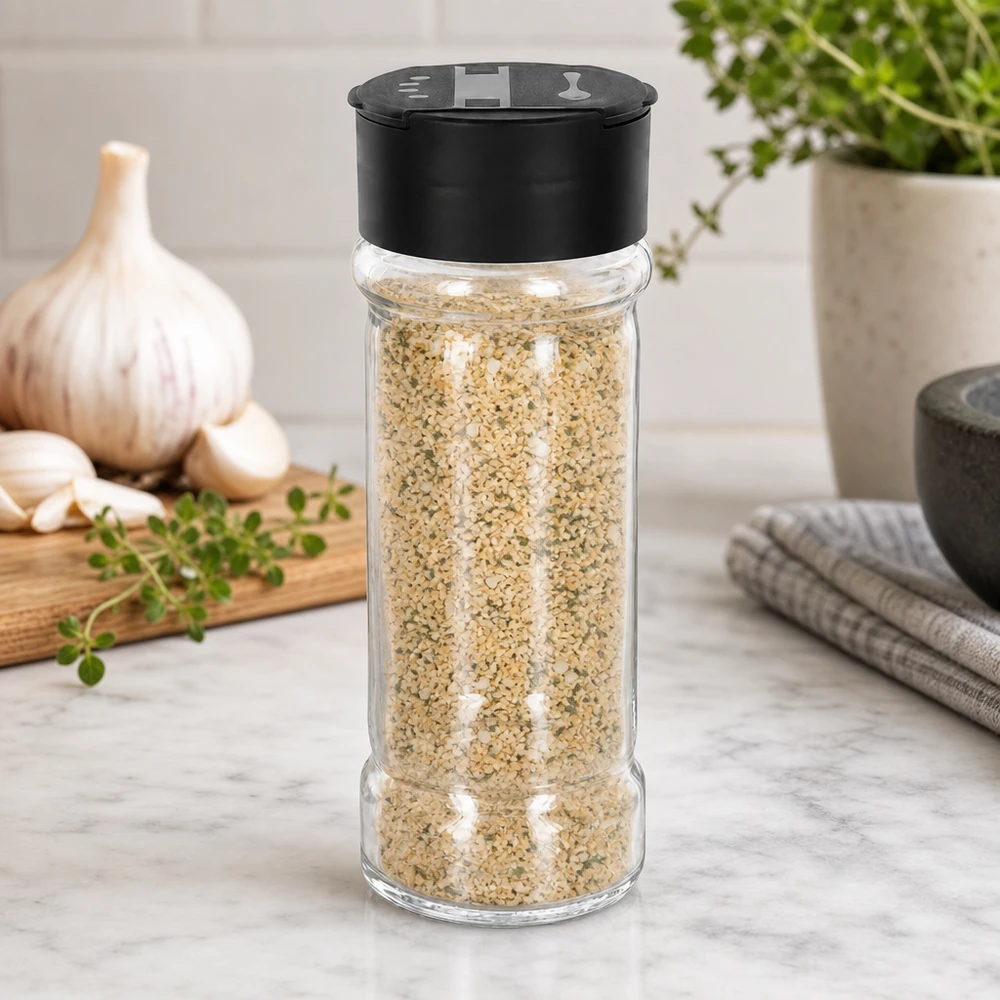 Pot à sel/épices 100 ml avec double saupoudreuse, noir Gewürzglas 100ml mit Kräutersalz gefüllt neben Knoblauchzehen und Mörser in Küche