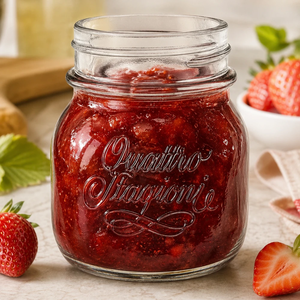 Barattolo da 150ml "Quattro Stagioni" Vasetto Quattro Stagioni da 150 ml con marmellata di fragole rosse accanto a fragole fresche su un tavolo di legno