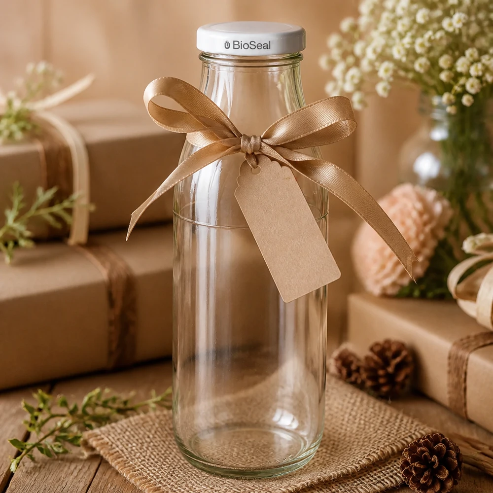 500ml Glasflasche + BioSeal Deckel weiß UNiTWIST 500ml Glasflasche leer als Geschenk verpackt mit brauner Schleife und Anhänger, BioSeal Deckel weiß