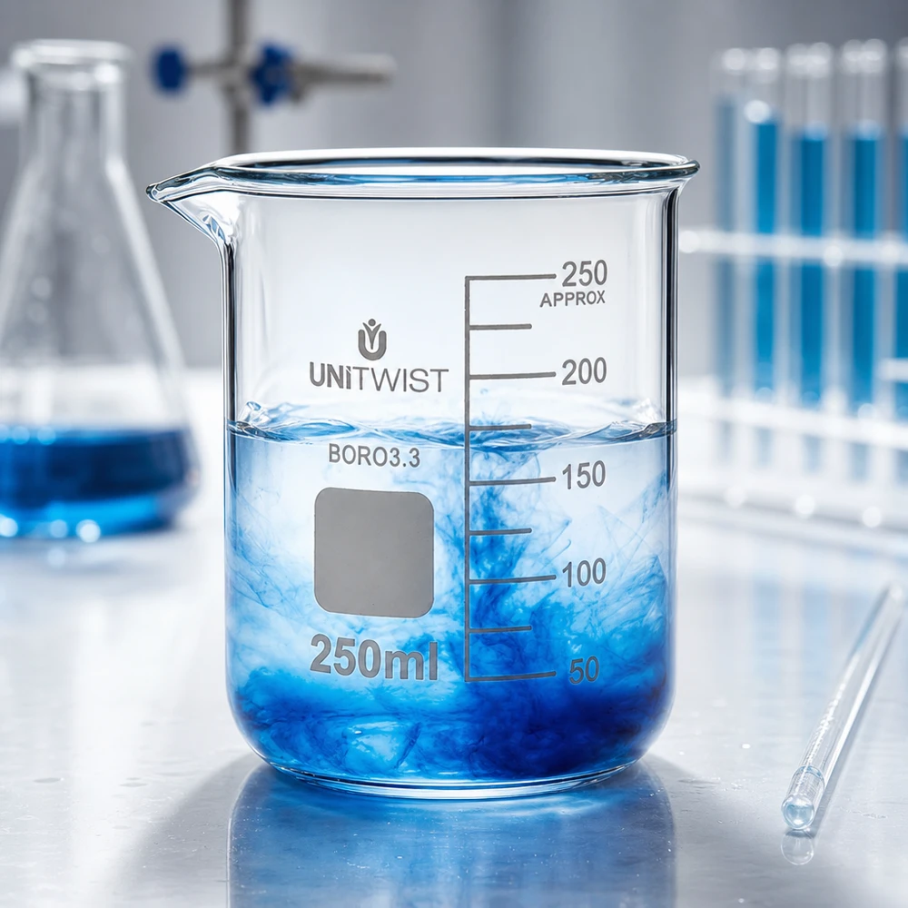 Bicchiere 250ml borosilicato, stampo basso UNiTWIST Becher da laboratorio trasparente da 250 ml, di forma bassa, con colorante blu che si disperde nell'acqua