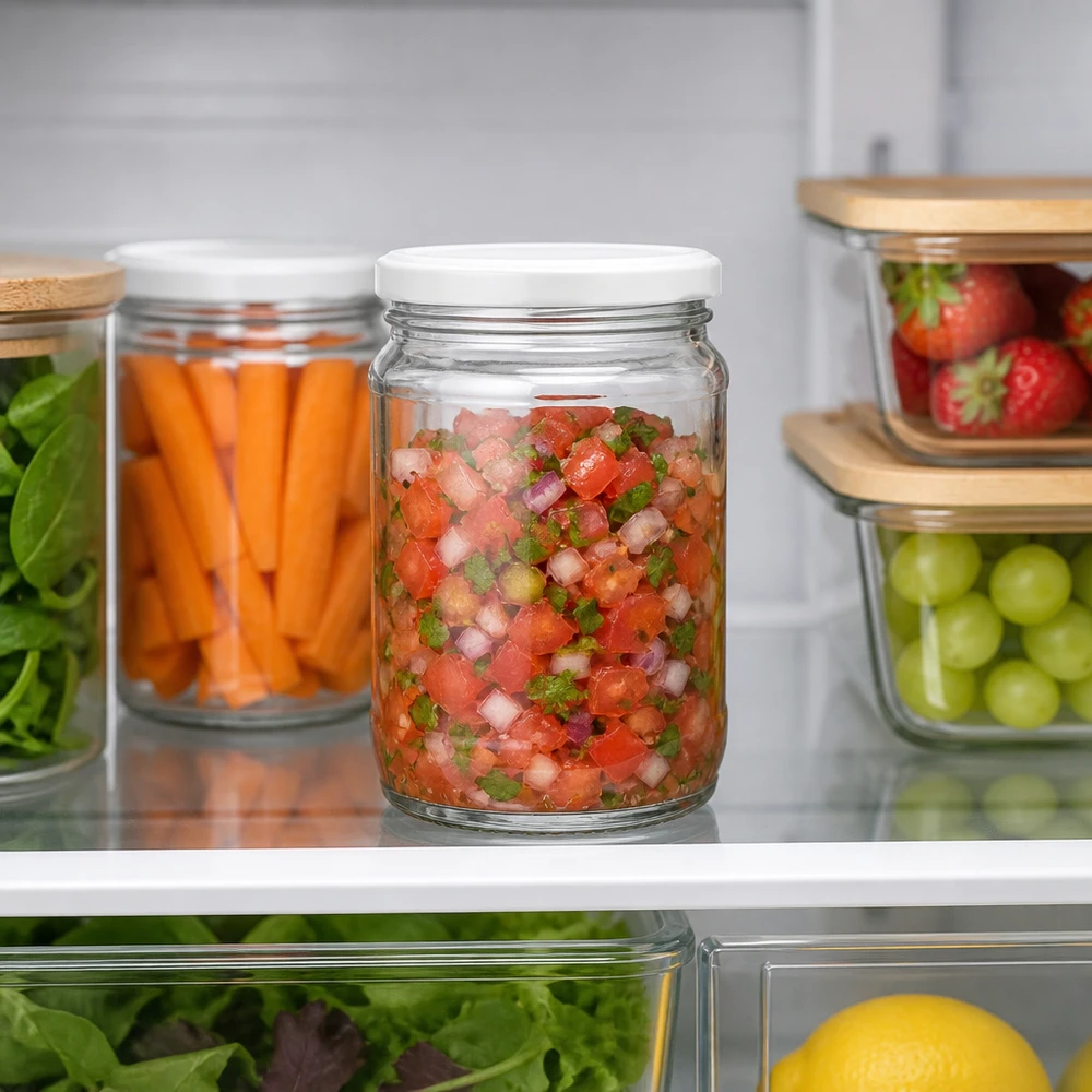 370ml Rundglas + BasicSeal weiß UNiTWIST Frische Pico de Gallo in 370ml UNiTWIST Rundglas mit weißem Schraubdeckel kühl gelagert