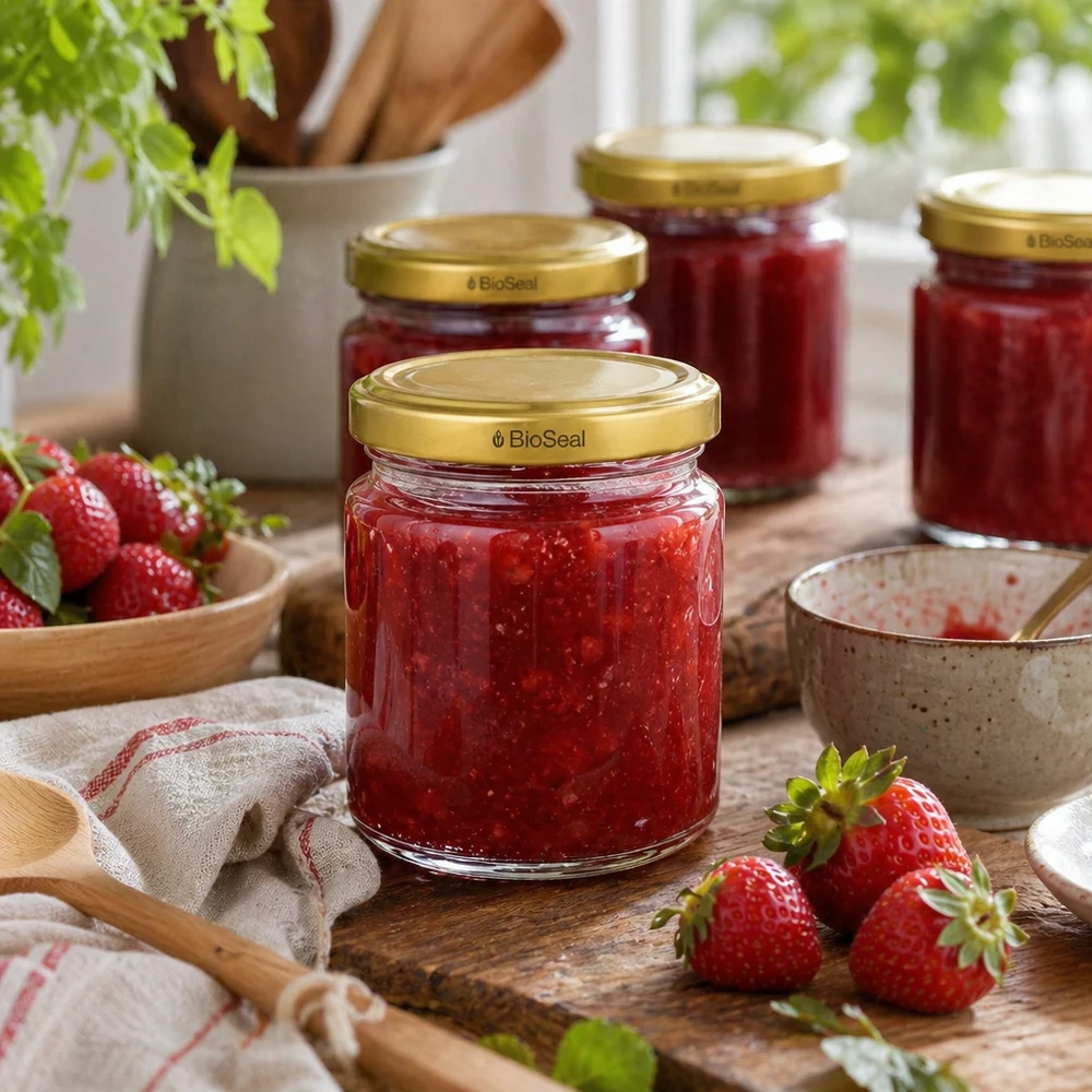 Vasetti di marmellata UNiTWIST Runda53 con coperchio dorato TO43 BioSeal riempiti di marmellata di fragole accanto a fragole fresche