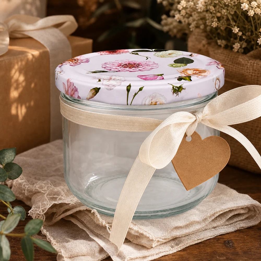 260ml Sturzglas + BasicSeal Deckel Blume rosa UNiTWIST Sturzglas 260ml mit rosa Blumendeckel als Geschenkverpackung - dekoratives Einmachglas mit Schleife und Herzanhänger