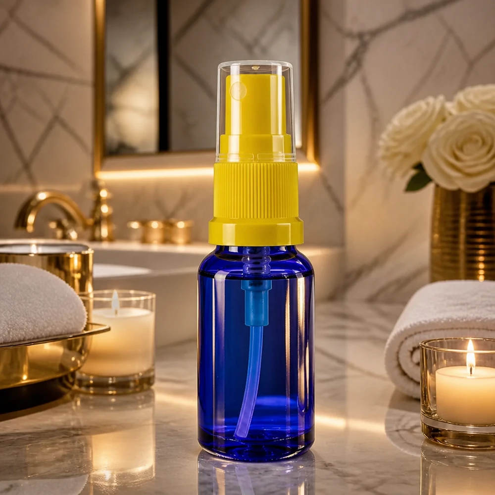 Blaue Minitropfflasche 30ml mit gelbem Sprühmechanismus für medizinische Produkte