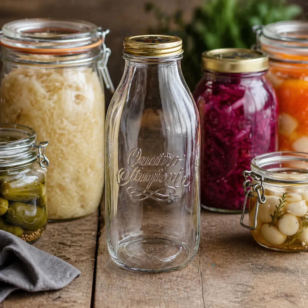 Quattro Stagioni 1000ml bottiglia in vetro tra vasi per conserve con verdure fermentate e cibi in salamoia
