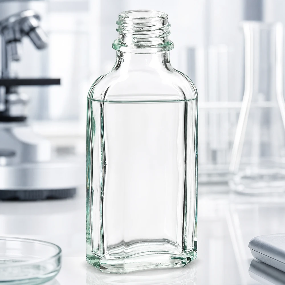 Kleine 50 ml Laborflasche aus klarem Glas flach rechteckig DIN22