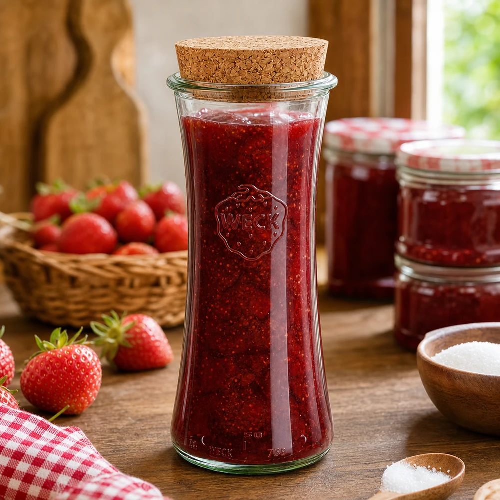 Vaso da conserva WECK RR80 da 700 ml con coperchio in sughero riempito di marmellata di fragole su un tavolo di legno accanto a fragole fresche