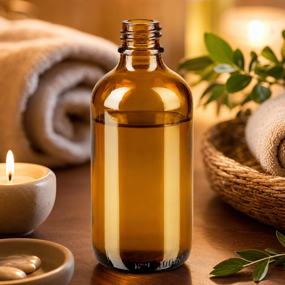 Flacone farmaceutico ambrato da 100 ml ApoGlas Flacone da farmacia ApoGlas marrone da 100 ml in un caldo ambiente di benessere con asciugamani a candela e foglie verdi