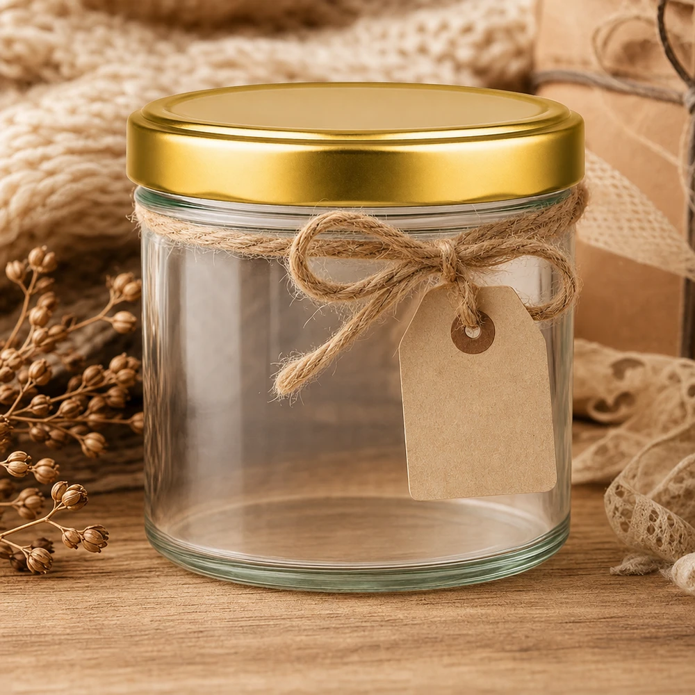 230ml Zylinderglas + BasicSeal Deckel gold UT 230ml Zylinderglas mit goldenem Deckel dekorativ geschmückt mit Jute-Schleife und Kraftpapier-Etikett rustikal