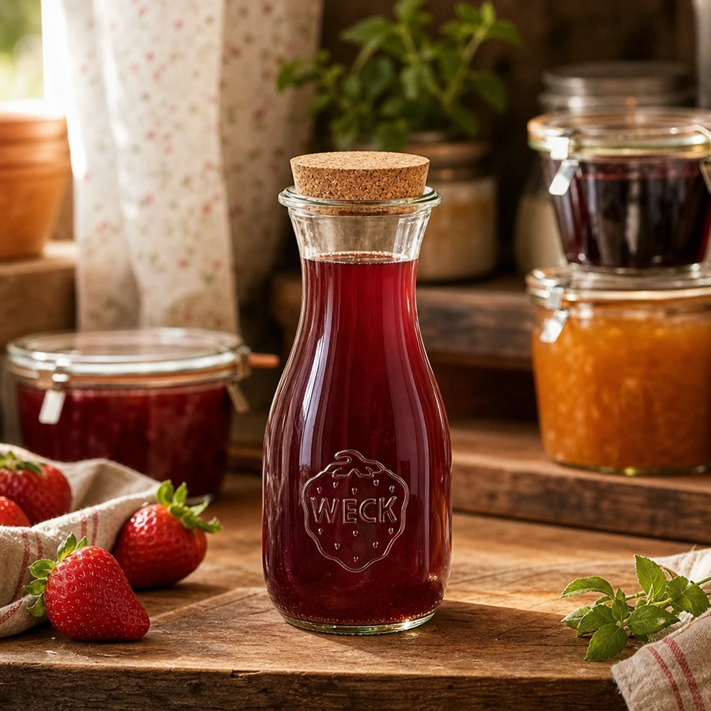 Bottiglia da succo da 530 ml WECK RR60 con tappo in sughero naturale Bottiglia di succo WECK da 530 ml riempita di succo rosso su un tavolo di legno accanto a vasetti di marmellata e fragole fresche Cucina