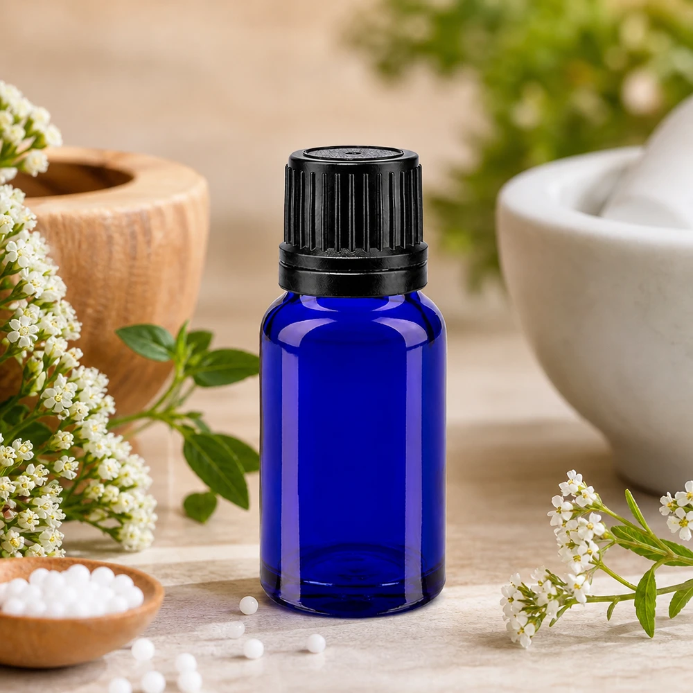 Apothekenflasche blau 10ml Schraubverschluss schwarz Giessring Originalitätsverschluss Blaue Glasflasche 10ml mit 8mm Öffnung und schwarzem Originalverschluss für Heilpflanzenextrakte