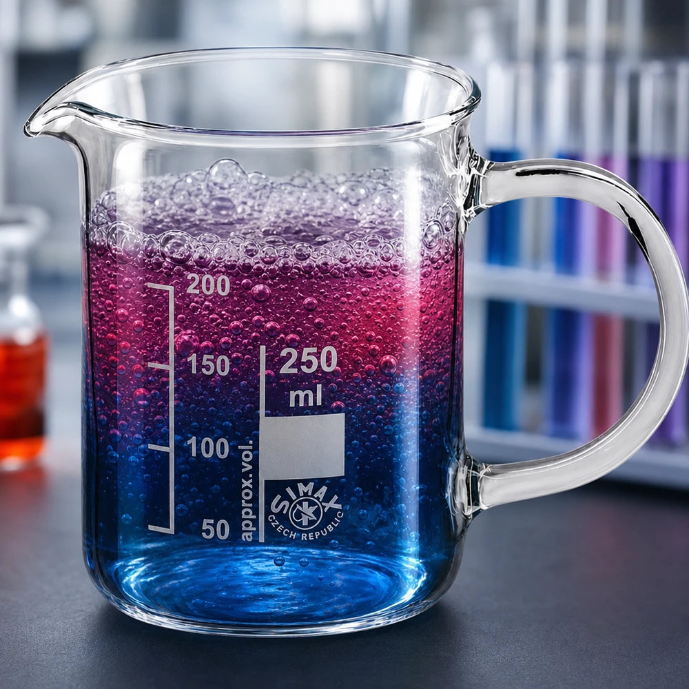 Bicchiere da laboratorio da 250 ml con manico, contenente un liquido blu-viola con bolle, in un ambiente di laboratorio