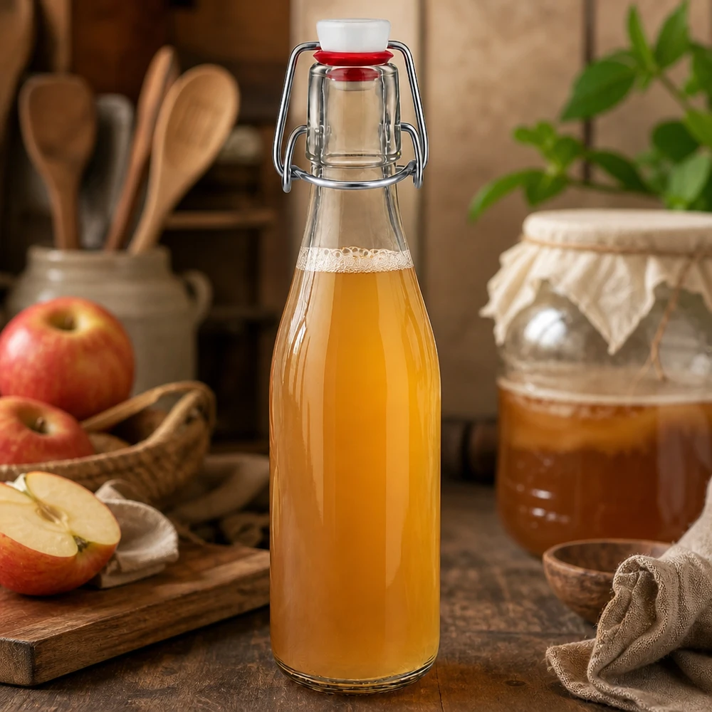 Bottiglia di vetro da 250 ml con tappo oscillante riempita di succo di mela, fette di mela e barattolo di marmellata sullo sfondo
