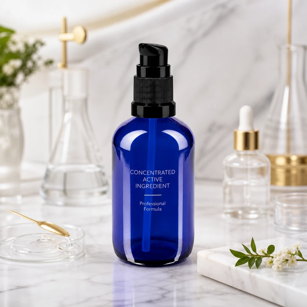 Apothekenflasche blau 100ml PumpVerschluss schwarz Standard 100ml Apothekerglasflasche in Royalblau mit schwarzer Dosierpumpe für Kosmetikserien