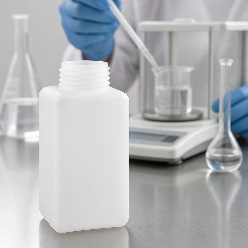 Flacon à produits chimiques 1500 ml à col large, PEHD couleur naturelle, GL 65 Bouteille robuste à col large en PE-HD de 1 500 ml pour produits chimiques, accompagnée d'une fiole jaugée et d'une balance de précision