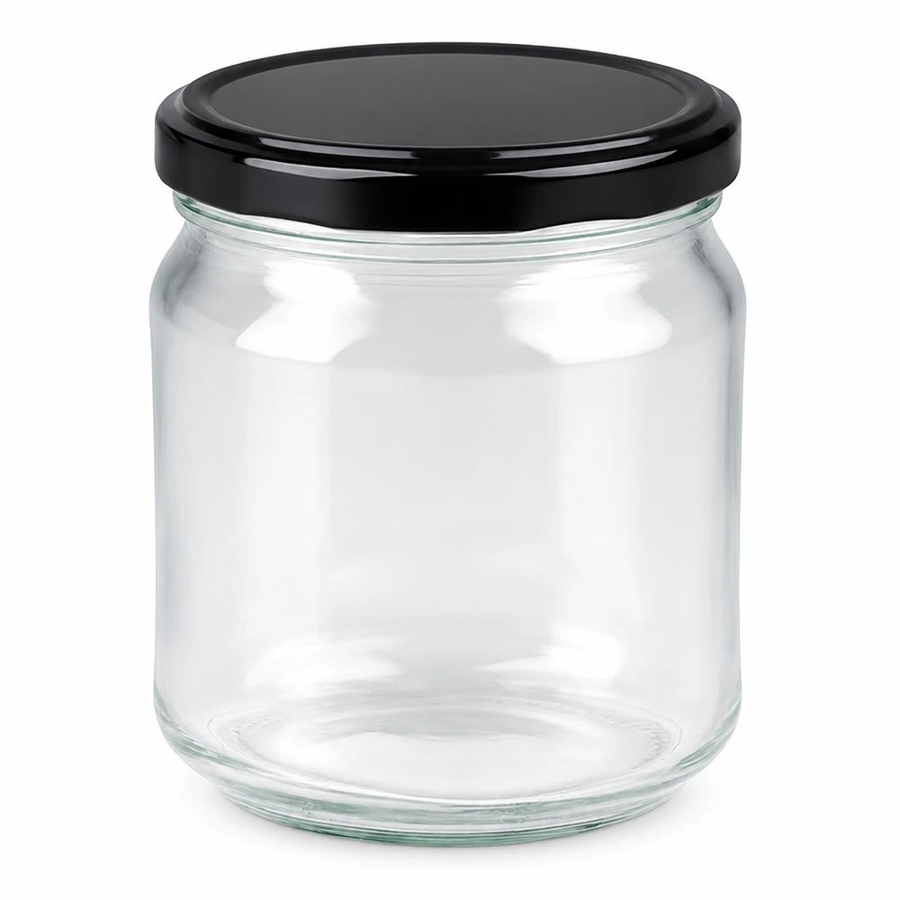 Vaso rotondo da 212 ml con coperchio nero BasicSeal vuoto su sfondo bianco barattolo per marmellata barattolo per conserve