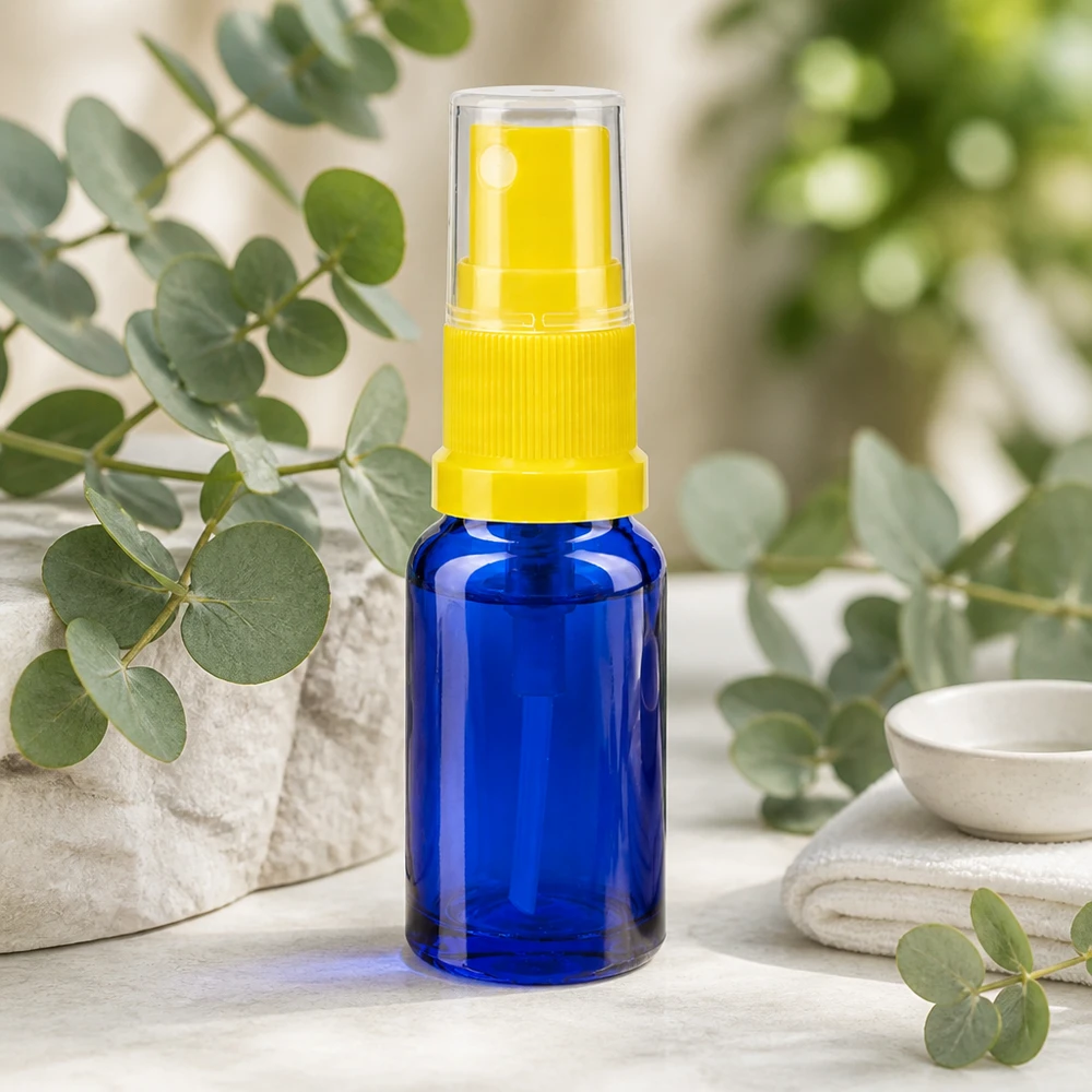 Apothekenflasche blau 30ml Sprayaufsatz gelb 30ml Zerstäuberflasche Apothekenglas blau mit gelbem Sprühkopf und UV-Schutz