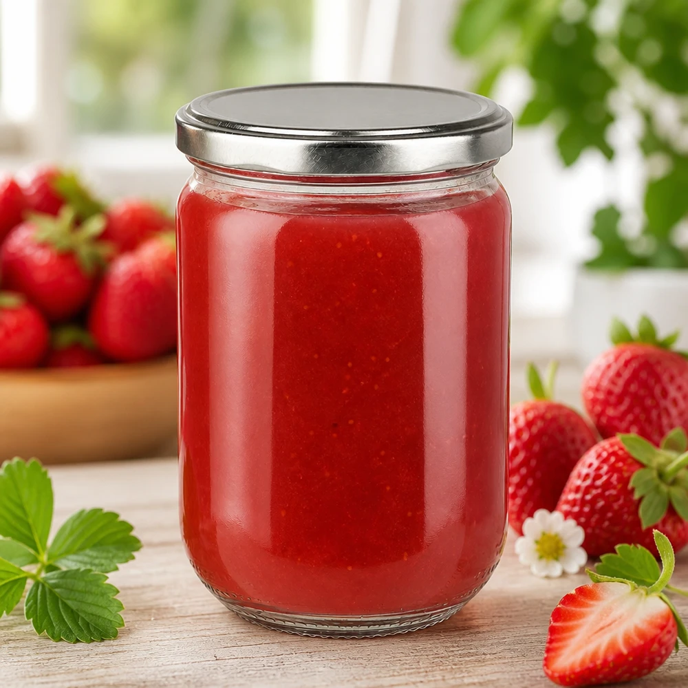 Grosses 555ml Einmachglas mit silbernem Schraubdeckel und roter Erdbeerkonfituere