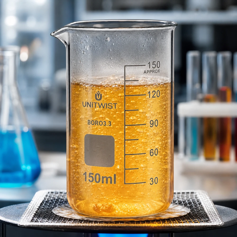 Bicchiere 150ml in borosilicato, forma alta UNITWIST UNITWIST: becher da 150 ml, forma alta, in borosilicato, con liquido giallo-arancio in ebollizione su una piastra riscaldante