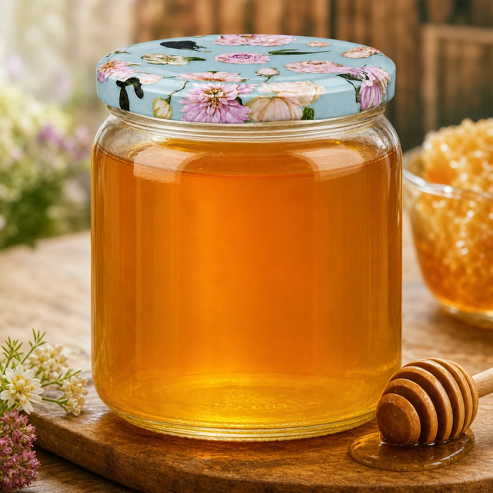 Vasetto rotondo da 425 ml con coperchio a forma di fiore pieno di miele - vasetto di miele con motivo floreale e cucchiaio di legno su tavola di legno
