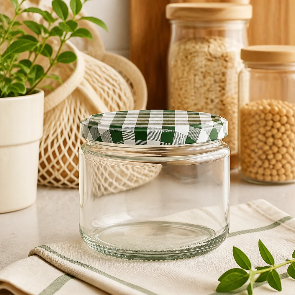Vaso rotondo da 330 ml vuoto con coperchio BasicSeal verde e bianco sul tavolo della cucina, vasi di stoccaggio e piante sullo sfondo