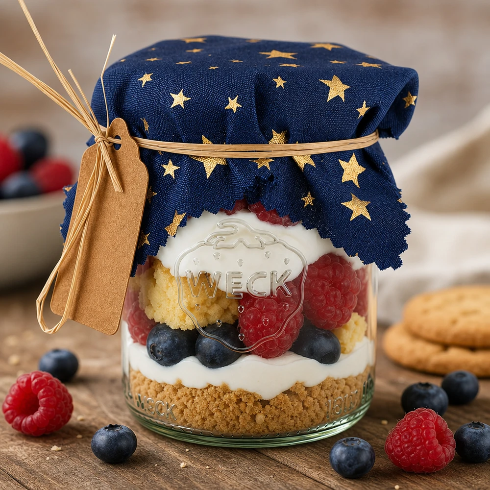 Centrino per gioielli in tessuto blu "stelle" 12cm quadrato Dessert im Glas mit blauem Sternen-Stoffdeckchen, Beeren-Trifle dekorativ abgedeckt, festliche Präsentation für Gäste