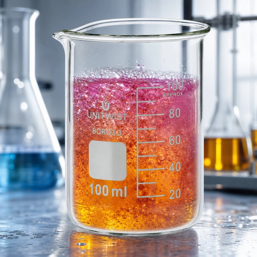 Bicchiere 100ml borosilicato, stampo basso UNiTWIST Bicchiere da laboratorio da 100 ml, forma bassa, con liquido di reazione arancione-rosa e formazione di bolle UNiTWIST