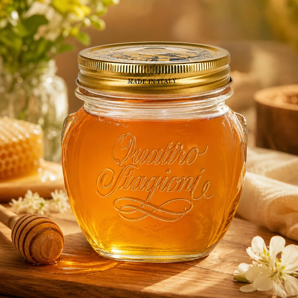 Barattolo rotondo "Quattro Stagioni" da 300 ml con coperchio Quattro Stagioni Barattolo rotondo da 300 ml con coperchio dorato pieno di miele su tavolo di legno Made in Italy