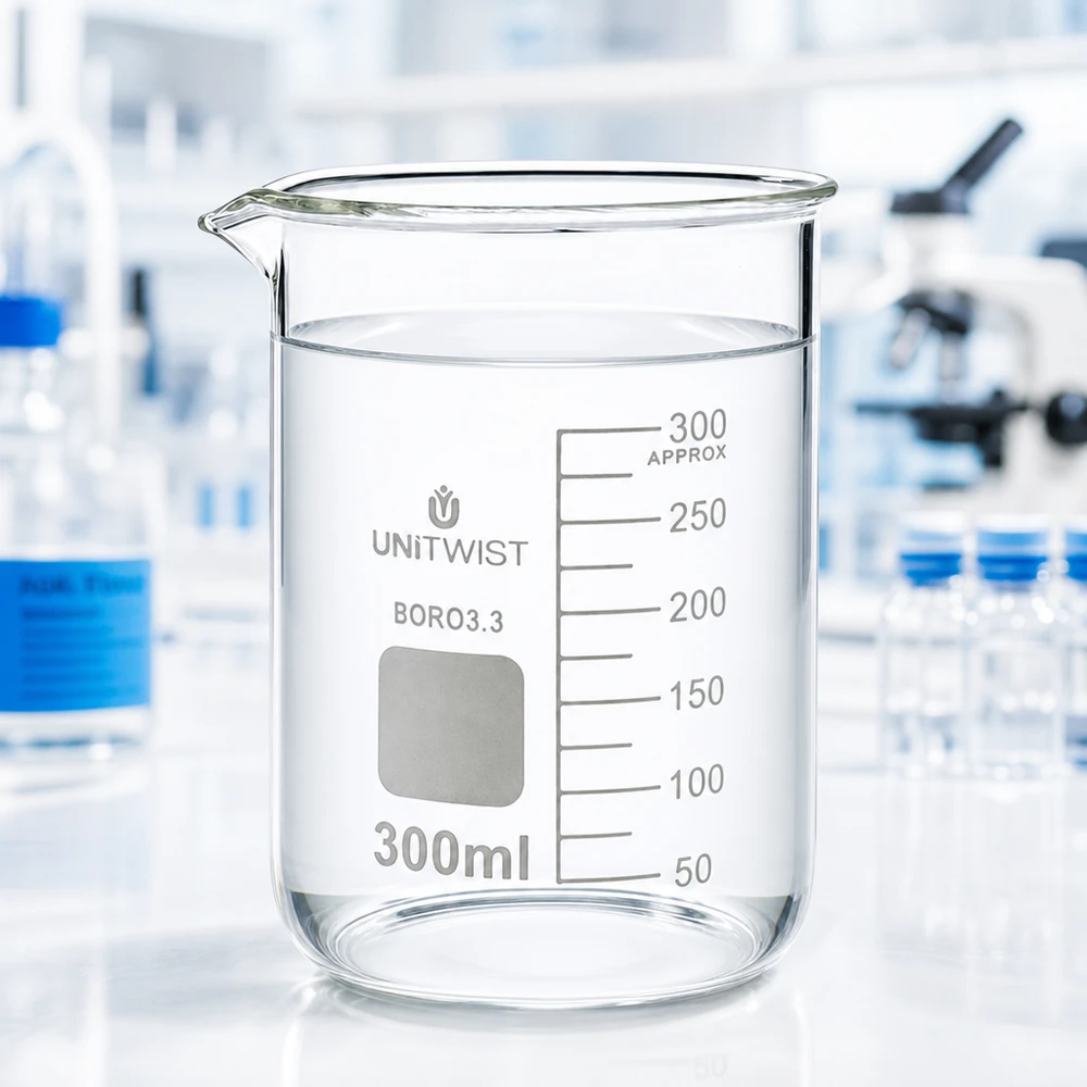 Bicchiere 300ml borosilicato, stampo basso UNiTWIST Immagine di laboratorio: becher UNiTWIST da 300 ml in vetro borosilicato a forma bassa con scala di misurazione sullo sfondo; microscopio